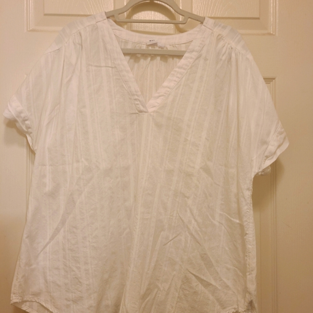Gap White Striped V-Neck Short Sleeve Cotton Blouse XXL